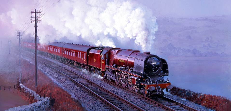 Painting of a Duchess class steam loco with an express at Greenholme